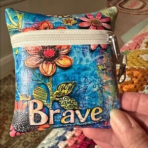 Hand Crafted Floral Coin Card Zipper Pouch with text ‘BRAVE’